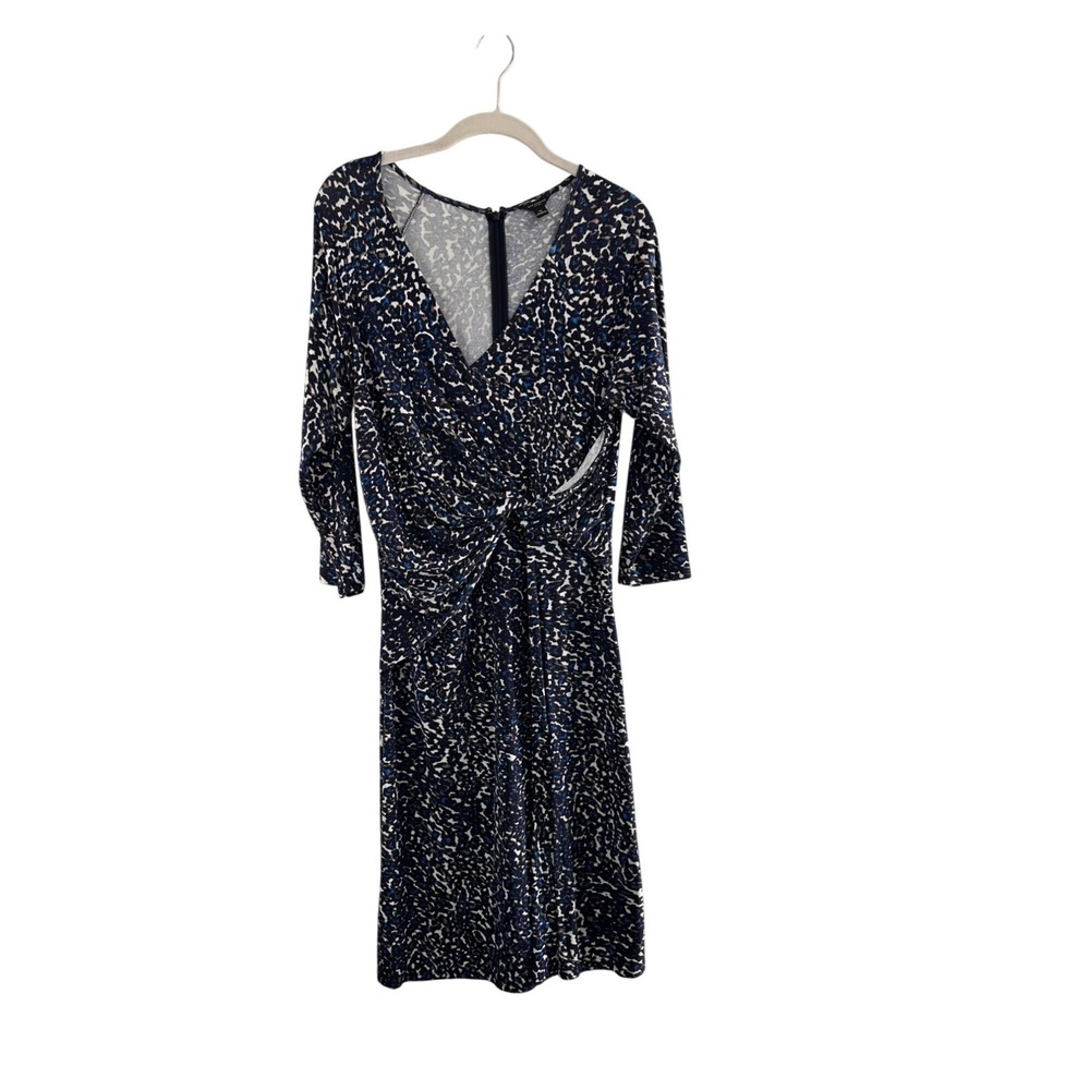Ann Taylor Petite Midi Wrap Dress‎ M Leopard Print 3/4 Sleeve Navy/White/Blue